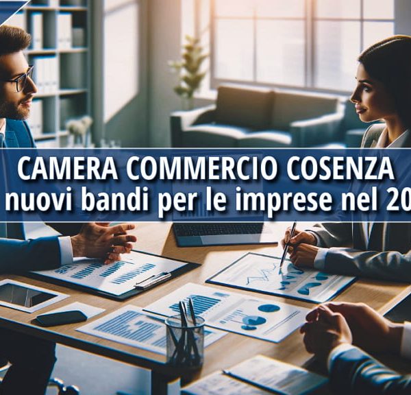 Tre professionisti in abbigliamento formale discutono di dati finanziari in un ufficio moderno, con documenti e grafici sul tavolo. Testo in evidenza: 'Camera Commercio Cosenza - 11 nuovi bandi per le imprese nel 2025.