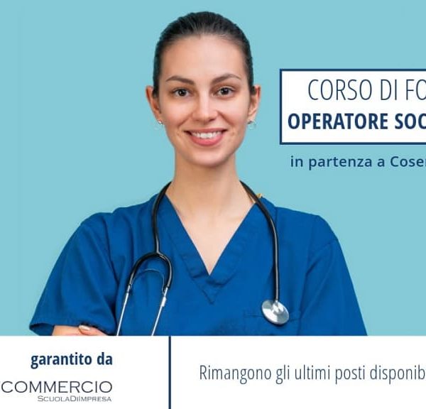 Donna con divisa sanitaria e stetoscopio sorride davanti a sfondo azzurro; a destra, testo promozionale del corso di formazione per Operatore Socio Sanitario in partenza a Cosenza, promosso da SDI Confcommercio.