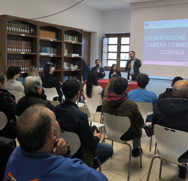 Un evento di presentazione dei bandi della Camera di Commercio di Cosenza, organizzato da Confcommercio. La sala è piena di partecipanti seduti, mentre un relatore parla davanti a un pannello con il titolo della presentazione. Un roll-up di Confcommercio elenca i servizi offerti.