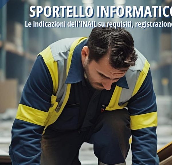 Operaio in magazzino controlla documenti accanto a un cartello di pericolo, con banner informativo sullo sportello informatico INAIL ISI 2024.