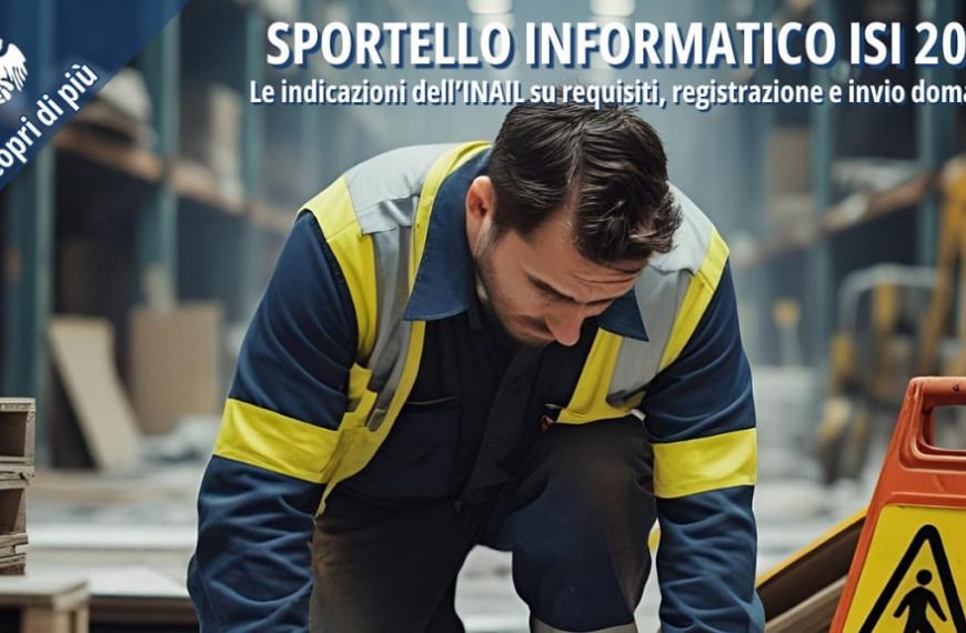 Operaio in magazzino controlla documenti accanto a un cartello di pericolo, con banner informativo sullo sportello informatico INAIL ISI 2024.