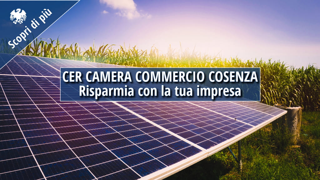 Impianto fotovoltaico con sole al tramonto e messaggio promozionale della Comunità Energetica Rinnovabile della Camera di Commercio di Cosenza