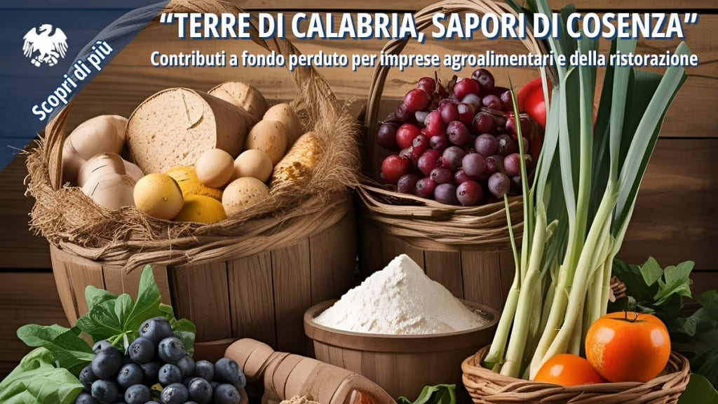 Prodotti agroalimentari tipici della provincia di Cosenza, disposti in cesti rustici.