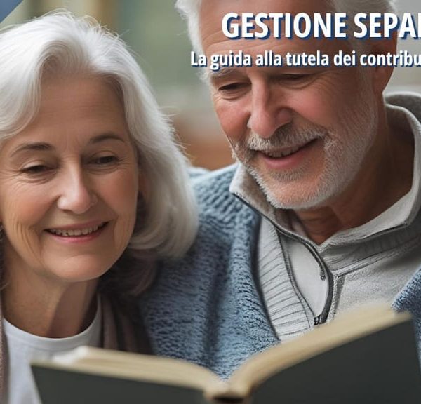 Coppia di anziani che legge una guida sulla pensione e di informazione previdenziale.