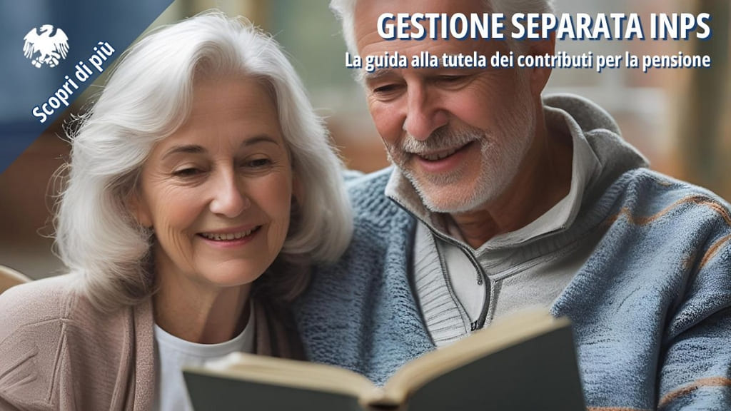Coppia di anziani che legge una guida sulla pensione e di informazione previdenziale.