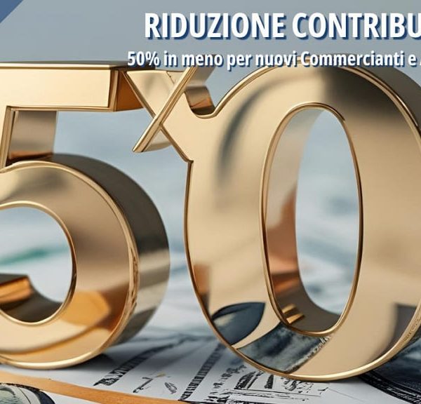 Scritta "50%" dorata su sfondo di banconote, simbolo della riduzione contributiva INPS per nuovi commercianti e artigiani nel 2025.