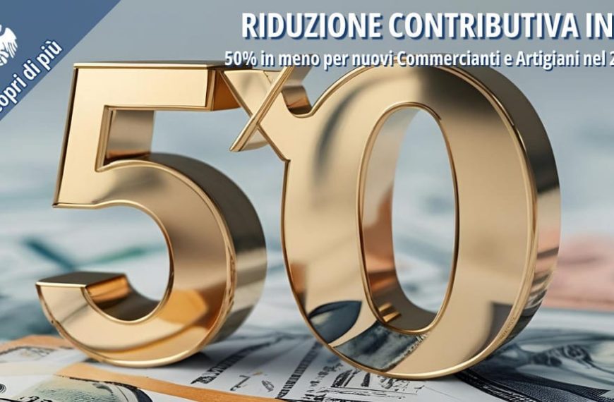 Scritta "50%" dorata su sfondo di banconote, simbolo della riduzione contributiva INPS per nuovi commercianti e artigiani nel 2025.