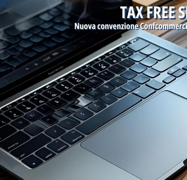 Tastiera di un laptop, simbolo di digitalizzazione dei servizi e nuove opportunità per le imprese grazie alla convenzione Tax Free Shopping.
