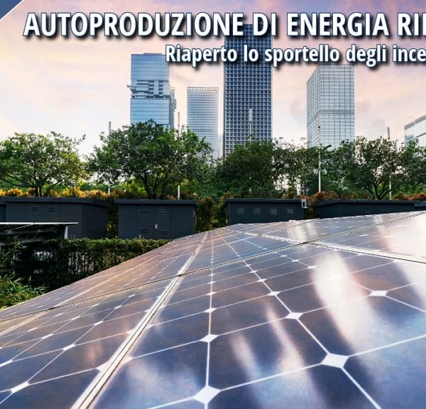 Pannelli solari in primo piano con skyline urbano sullo sfondo, simbolo della transizione energetica delle PMI verso fonti rinnovabili.