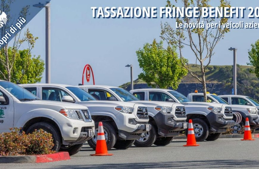 Veicoli commerciali aziendali parcheggiati in fila, pronti per l’assegnazione ai dipendenti.