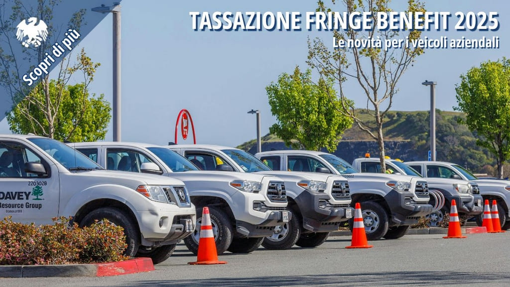 Veicoli commerciali aziendali parcheggiati in fila, pronti per l’assegnazione ai dipendenti.