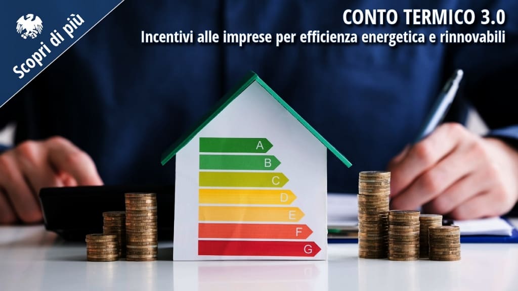 Casetta con linee colorate che indicano le classi energetiche e del denaro ai lati, a rappresentare incentivi per l’efficienza energetica.