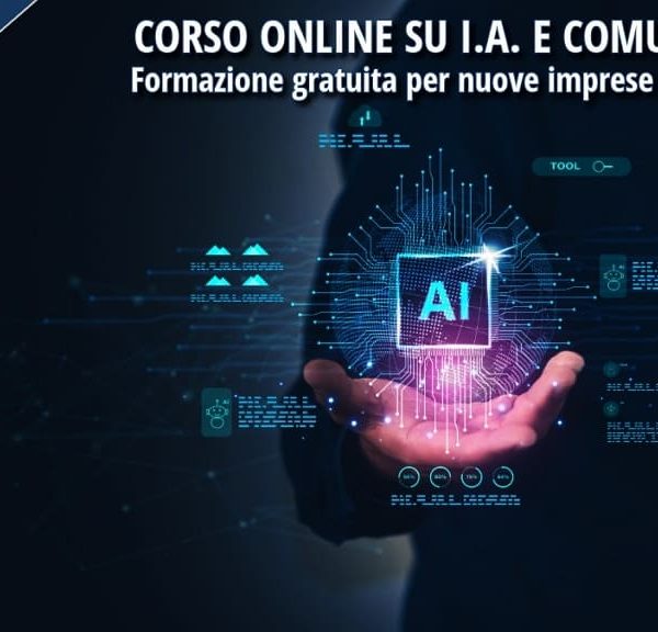 Mano che sostiene un’icona digitale con la scritta “AI”, simbolo dell’intelligenza artificiale, a rappresentare l’innovazione nella comunicazione aziendale.