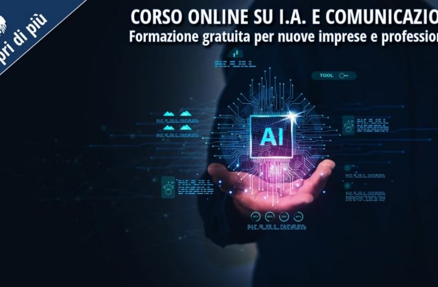 Mano che sostiene un’icona digitale con la scritta “AI”, simbolo dell’intelligenza artificiale, a rappresentare l’innovazione nella comunicazione aziendale.