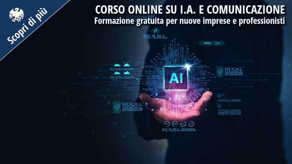 Mano che sostiene un’icona digitale con la scritta “AI”, simbolo dell’intelligenza artificiale, a rappresentare l’innovazione nella comunicazione aziendale.