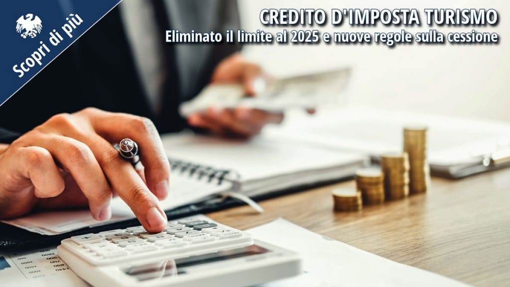 Professionista calcola agevolazioni fiscali su documenti, concetto di credito d’imposta per imprese turistiche 2025.
