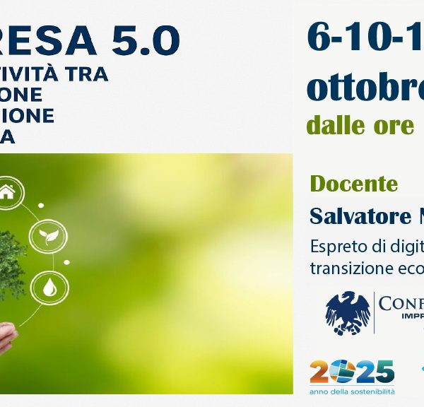 Locandina corso “Impresa 5.0 – Competitività tra innovazione e transizione ecologica” con date 6, 10 e 13 ottobre 2025, docente Salvatore Naccarato, organizzato da Confcommercio Calabria.