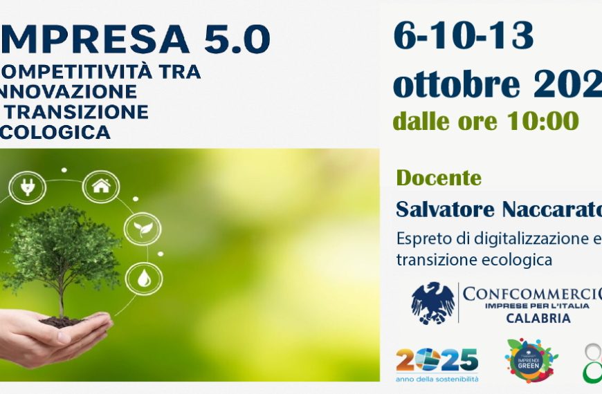 Locandina corso “Impresa 5.0 – Competitività tra innovazione e transizione ecologica” con date 6, 10 e 13 ottobre 2025, docente Salvatore Naccarato, organizzato da Confcommercio Calabria.