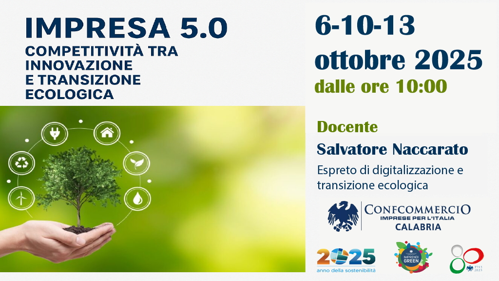 Locandina corso “Impresa 5.0 – Competitività tra innovazione e transizione ecologica” con date 6, 10 e 13 ottobre 2025, docente Salvatore Naccarato, organizzato da Confcommercio Calabria.
