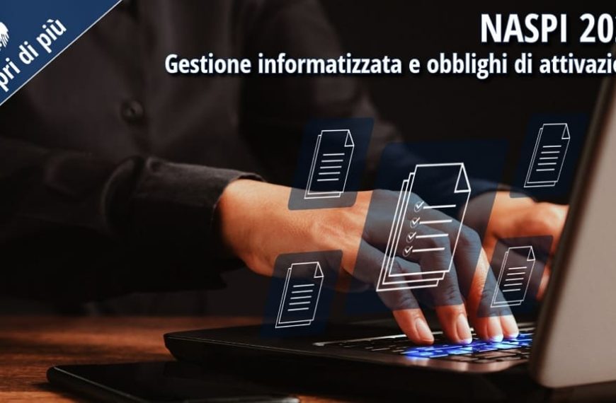 Mani che digitano su un computer portatile con icone digitali di documenti: rappresentazione della gestione informatizzata della NASpI 2025.