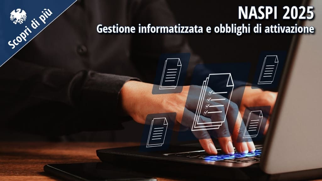 Mani che digitano su un computer portatile con icone digitali di documenti: rappresentazione della gestione informatizzata della NASpI 2025.