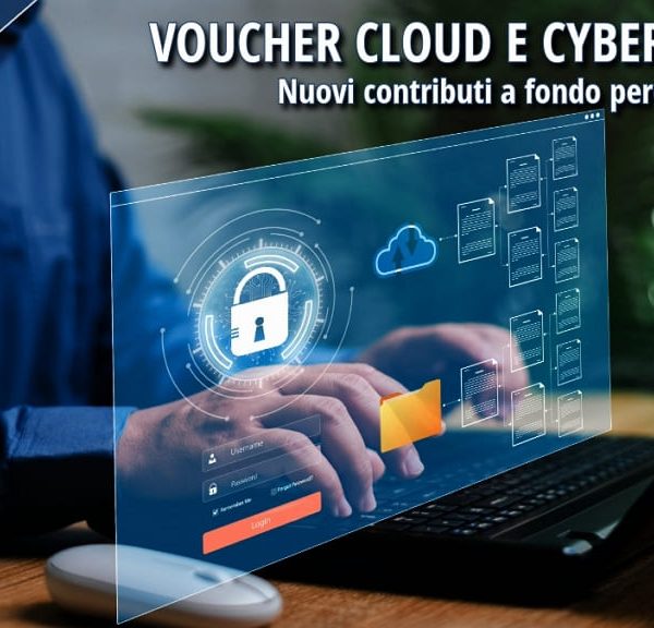 Persona che utilizza un computer portatile con interfacce digitali sovrapposte che rappresentano sicurezza informatica e cloud computing, a illustrare il voucher per servizi cloud e cybersecurity destinato alle PMI.
