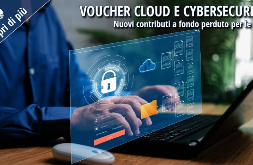 Persona che utilizza un computer portatile con interfacce digitali sovrapposte che rappresentano sicurezza informatica e cloud computing, a illustrare il voucher per servizi cloud e cybersecurity destinato alle PMI.
