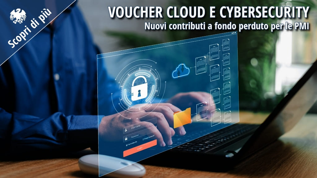 Persona che utilizza un computer portatile con interfacce digitali sovrapposte che rappresentano sicurezza informatica e cloud computing, a illustrare il voucher per servizi cloud e cybersecurity destinato alle PMI.