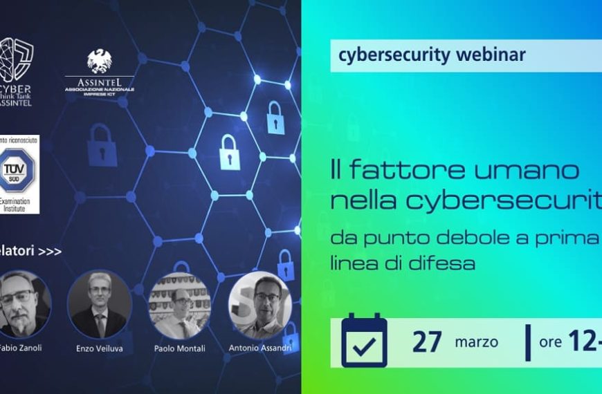 Locandina webinar Assintel sul fattore umano nella cybersecurity con data 27 marzo ore 12-13 e relatori Zanoli, Veiluva, Montali e Assandri