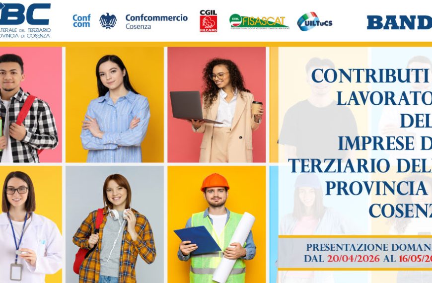 Locandina bando contributi lavoratori 2026 Ente Bilaterale Terziario Cosenza con indicazione date domanda dal 20 aprile al 16 maggio 2026.