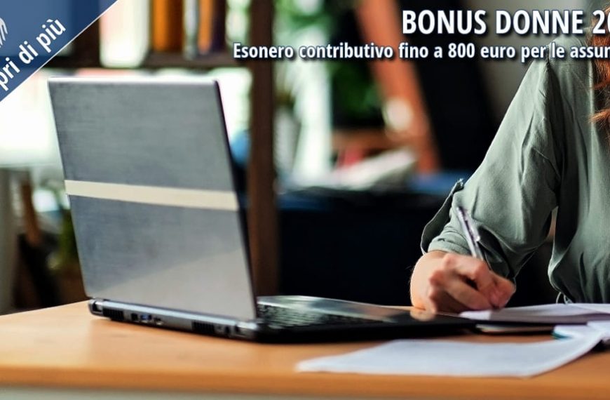 Donna al lavoro al computer in ufficio con grafica promozionale “Bonus Donne 2026” relativa all’esonero contributivo per le assunzioni femminili fino a 800 euro.