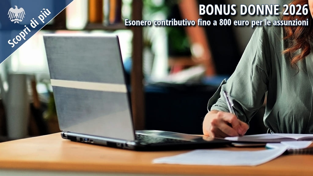 Donna al lavoro al computer in ufficio con grafica promozionale “Bonus Donne 2026” relativa all’esonero contributivo per le assunzioni femminili fino a 800 euro.