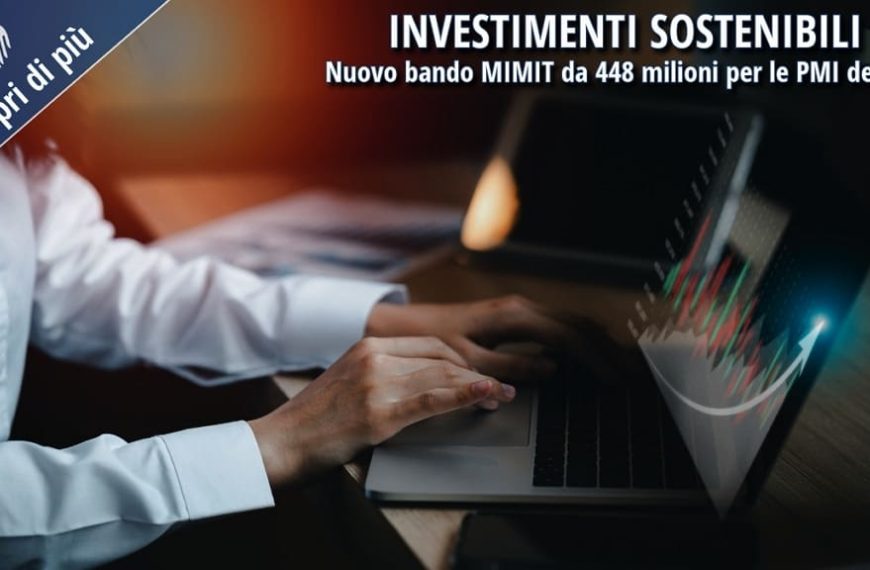 Imprenditore al computer con grafici digitali in sovrimpressione, immagine rappresentativa del bando “Investimenti sostenibili 4.0” del MIMIT dedicato alle PMI del Sud Italia.