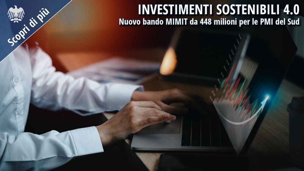 Imprenditore al computer con grafici digitali in sovrimpressione, immagine rappresentativa del bando “Investimenti sostenibili 4.0” del MIMIT dedicato alle PMI del Sud Italia.