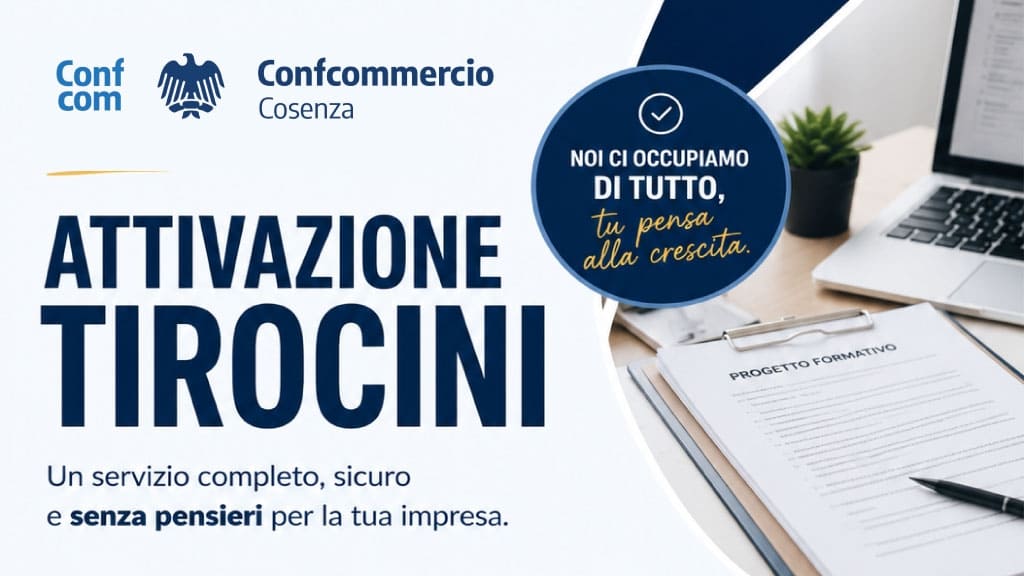 Locandina di Confcommercio Cosenza dedicata al servizio di attivazione tirocini per le imprese, con immagine di un progetto formativo su scrivania.