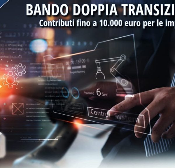 Grafica promozionale del Bando Doppia Transizione 2026 della Camera di Commercio di Cosenza, con tecnologie digitali, automazione industriale e contributi fino a 10.000 euro per le imprese.