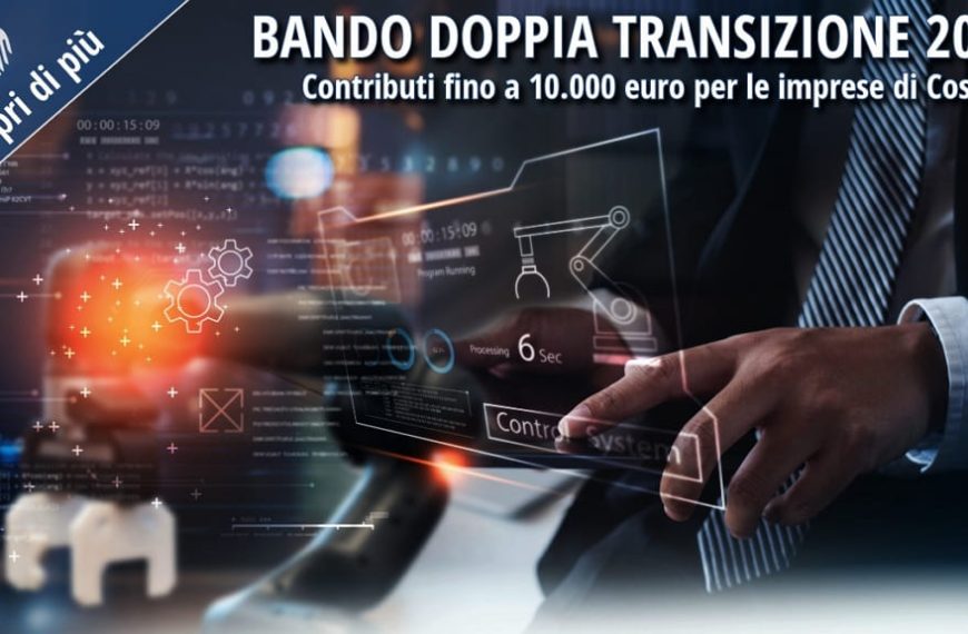 Grafica promozionale del Bando Doppia Transizione 2026 della Camera di Commercio di Cosenza, con tecnologie digitali, automazione industriale e contributi fino a 10.000 euro per le imprese.