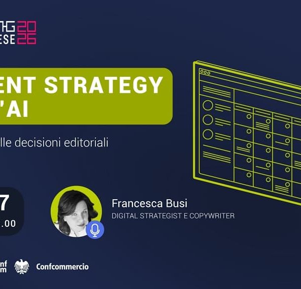 Locandina del webinar gratuito EDI Training "Content Strategy con l'AI: dalla ricerca alle decisioni editoriali", in programma il 9 luglio 2026 dalle 14.30 alle 16.00 con Francesca Busi, Digital Strategist e Copywriter.