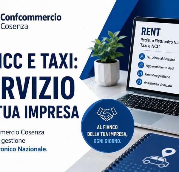 Grafica promozionale di Confcommercio Cosenza dedicata al servizio di assistenza per l'iscrizione e la gestione del Registro Elettronico Nazionale Taxi e NCC (RENT).