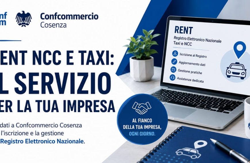 Grafica promozionale di Confcommercio Cosenza dedicata al servizio di assistenza per l'iscrizione e la gestione del Registro Elettronico Nazionale Taxi e NCC (RENT).
