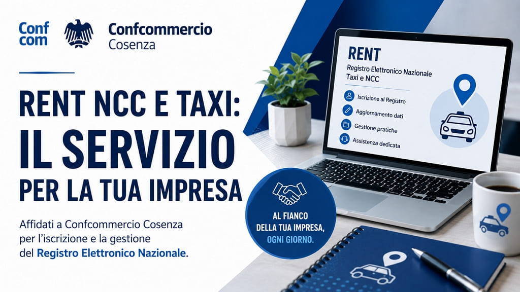 Grafica promozionale di Confcommercio Cosenza dedicata al servizio di assistenza per l'iscrizione e la gestione del Registro Elettronico Nazionale Taxi e NCC (RENT).