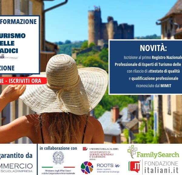 Locandina del Corso di Alta Formazione in Turismo delle Radici – VII edizione, organizzato da SDI Confcommercio, con iscrizioni aperte online, attestato professionale riconosciuto dal MIMIT e manuale incluso.