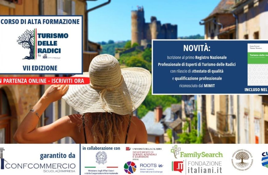 Locandina del Corso di Alta Formazione in Turismo delle Radici – VII edizione, organizzato da SDI Confcommercio, con iscrizioni aperte online, attestato professionale riconosciuto dal MIMIT e manuale incluso.