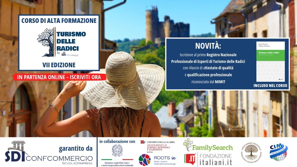 Locandina del Corso di Alta Formazione in Turismo delle Radici – VII edizione, organizzato da SDI Confcommercio, con iscrizioni aperte online, attestato professionale riconosciuto dal MIMIT e manuale incluso.