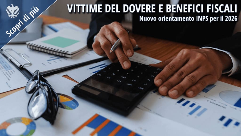 Operatore utilizza una calcolatrice per il calcolo delle imposte. L'immagine richiama il nuovo orientamento INPS sui benefici fiscali e sull'esenzione IRPEF per le vittime del dovere.