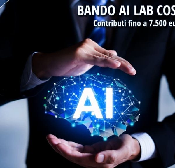 Illustrazione di un professionista che tiene tra le mani un simbolo digitale dell’intelligenza artificiale, con la scritta “AI” al centro di una rete tecnologica luminosa. In alto è riportato “Bando AI LAB Cosenza 2026 – Contributi fino a 7.500 euro per le imprese”.