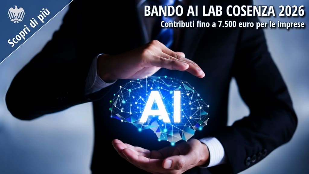 Illustrazione di un professionista che tiene tra le mani un simbolo digitale dell’intelligenza artificiale, con la scritta “AI” al centro di una rete tecnologica luminosa. In alto è riportato “Bando AI LAB Cosenza 2026 – Contributi fino a 7.500 euro per le imprese”.