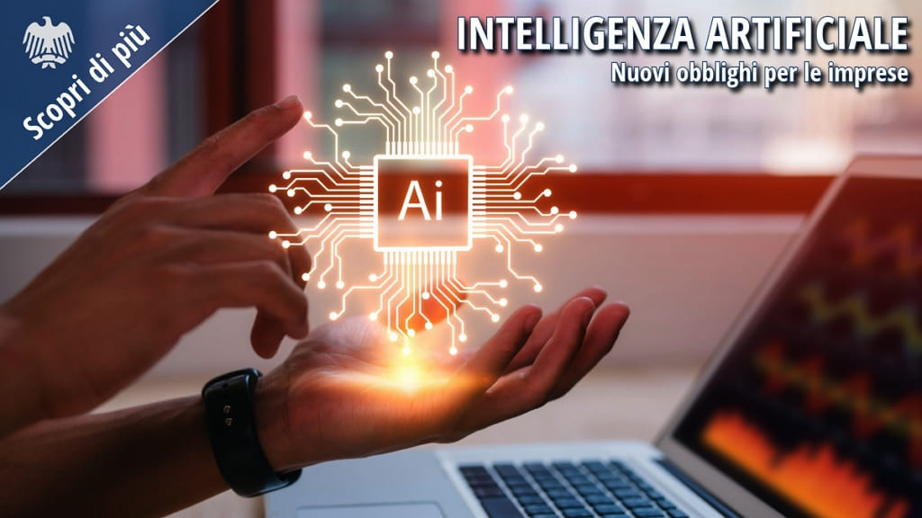 Intelligenza artificiale e nuovi obblighi per le imprese, con rappresentazione di un sistema IA applicato al contesto aziendale.