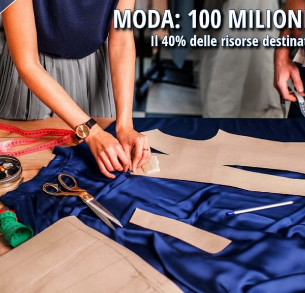 Persone al lavoro su tessuti e modelli in un laboratorio della filiera della moda.