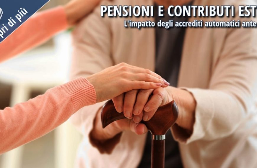 Persona anziana assistita da una donna con bastone, tema pensioni e contributi esteri ante 1996.